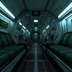 Poster - Futuristic spaceship corridor with green seats and digital displays.