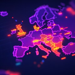 Aufkleber - glowing neon map of europe, highlighting individual countries.