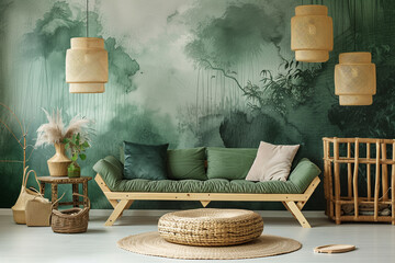 Wall Mural - Nature-inspired living room with a green sofa, bamboo furniture, and textured wallpaper mimicking a forest landscape.