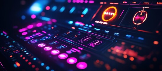 Futuristic control panel with glowing buttons and displays, illuminated with vibrant colors.