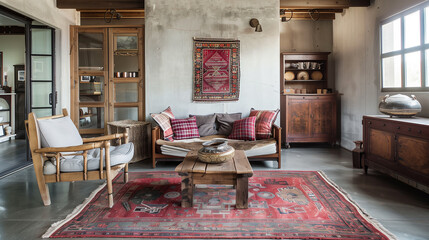 Wall Mural - Rustic-chic living room with reclaimed wooden furniture, plaid throw pillows, and an antique rug on polished concrete floors. interior design concept 