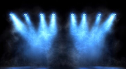 Wall Mural - Blue Spotlight Lighting Fog Stage Background for Performance and Event