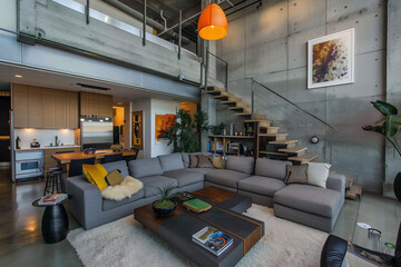 Poster - Urban loft living room with high ceilings, a modular gray couch, concrete walls, and an industrial-style pendant light. interior design 