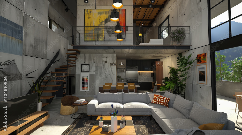 Urban loft living room with high ceilings, a modular gray couch ...