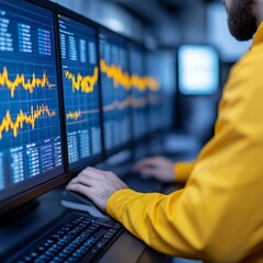 Poster - Man analyzing data on multiple computer screens.