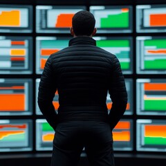 Poster - Man reviewing data on multiple screens.