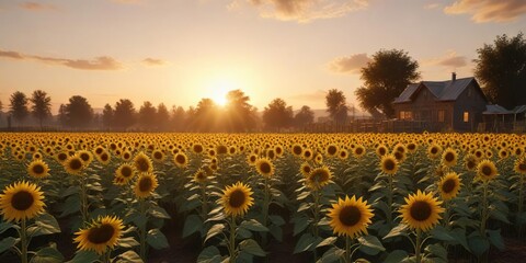 Sunflower garden bathed in the warm glow of sunset, outdoors, sunset