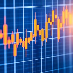 Poster - Orange candlestick chart on blue grid background.