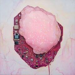Poster - Pink quartz crystal on circuit board; glowing lines inside.