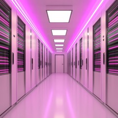 Poster - Pink-lit server room corridor with rows of data storage cabinets.