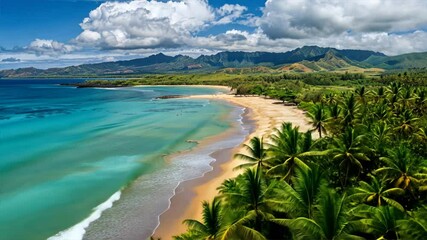 Wall Mural - Stunning tropical beach with golden sand and turquoise water, surrounded by lush palm trees and majestic mountains under bright blue sky with fluffy clouds, creating serene nature landscape.