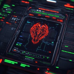 Poster - Red glowing digital heart on futuristic interface.