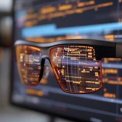 Poster - Smart glasses displaying code on lenses, reflecting computer screen.