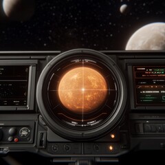 Poster - Spaceship cockpit view of a distant orange planet with multiple moons in the night sky.