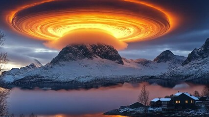 Wall Mural - a large orange cloud is hovering over a snowy mountain range