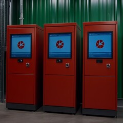 Poster - Three red industrial control panels with screens displaying a circular logo, against a green wall.