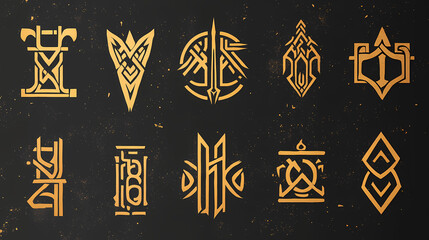 Wall Mural - Viking norse futhark. ancient runic design icons. enigmatic symbols for games or tattoos. modern collection with nordic mythology and celtic touches. Runic. Illustration