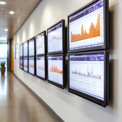 Poster - Wall-mounted monitors displaying financial data charts in an office hallway.