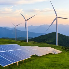 Poster - Wind turbines and solar panels on a mountain landscape at sunset.