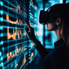 Poster - Woman using VR headset interacts with data visualization on a large screen.