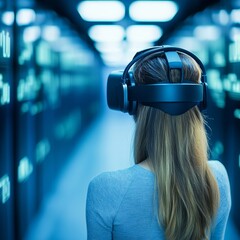 Poster - Woman using VR headset in a server room.