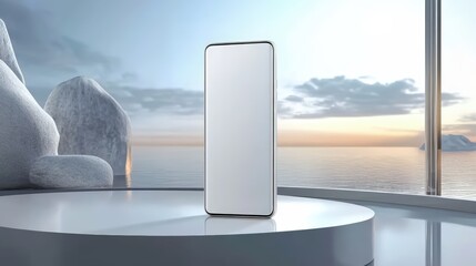 Poster - 3D Render of a Blank White Smartphone Mockup Standing in a Modern Artistic Environment by the Ocean at Sunset with Natural Elements