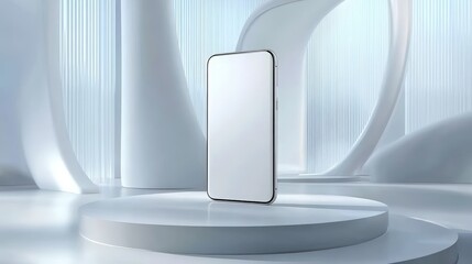 Poster - Blank White Smartphone Mockup in 3D Rendered Minimalist Environment with Soft Lighting and Elegant Curves, Ideal for Design Presentations
