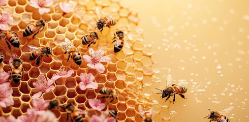 Wall Mural - A group of bees flying around a honeycomb, with pink flowers scattered on the surface. The background is a light orange