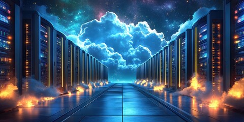 Poster - Futuristic high-tech data center with rows of powerful virtual servers under a starry sky illuminated by vibrant colors and dramatic clouds