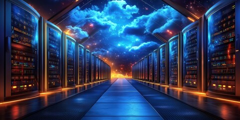 Poster - futuristic high-tech data center with rows of powerful servers under a cosmic sky and vibrant lights