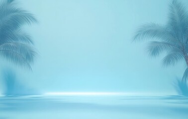 Poster - Minimalist Blue Abstract Background with Palm Leaf Shadows for Spring and Summer Presentation