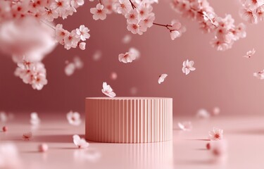 Poster - Minimalist Pink Podium Display with Cherry Blossoms for Cosmetic Product Promotion