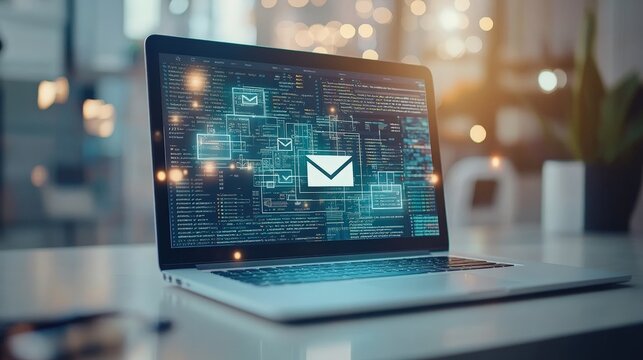 Modern open laptop display with mailbox icon on screen, featuring abstract data graphics in a bright, contemporary workspace environment