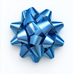 Wall Mural - Close-up of a one shiny bow decoration made of blue ribbon. Isolated on white background. Top view. Christmas, xmas, New Year, Birthday, Anniversary, Celebration, Gift, Packaging, Decoration.