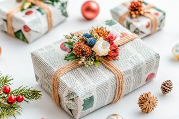 Wall Mural - Recycling during festive seasons promotes sustainability. A creative New Year gift wrapping design made from recycled newspaper, ideal for sustainable celebrations.