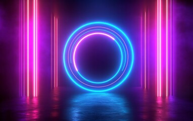 Poster - Neon Glowing Circular Frame in Virtual Neon Space with Abstract Geometric Background