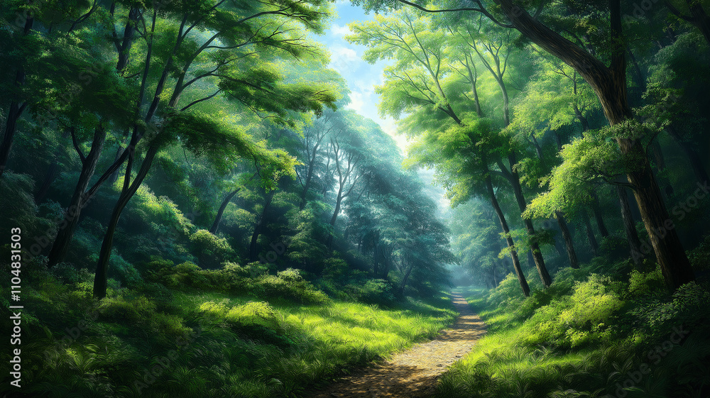 serene forest path surrounded by lush greenery and sunlight filtering ...