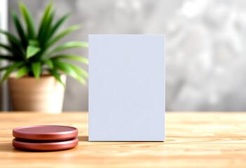 Poster - Blank White Mockup Box on Wooden Table with Plant