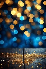 Poster - Festive Blue and Gold Bokeh Background with Glittering Light Effects for New Year's Celebration