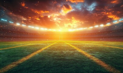 Wall Mural - Illuminated Football Stadium at Sunset with Dramatic Clouds and Rays of Light