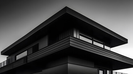 Fototapete - A modern, angular building with a flat roof, featuring sleek lines and a minimalist design in a monochromatic color scheme