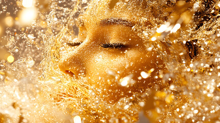 Poster - A close-up of a serene face surrounded by golden particles, evoking a sense of tranquility and beauty in a shimmering, ethereal atmosphere