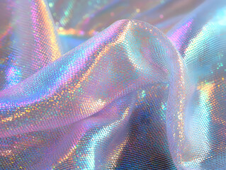 Shimmering holographic fabric waves creative studio textile photography colorful environment close-up view art concept