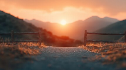 Wall Mural - A serene sunset view with mountains in the background, framed by a rustic fence, creating a tranquil and picturesque landscape.