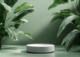 Poster - Stone Pedestal Display with Tropical Leaves on Green Background for Cosmetic Product Promotion