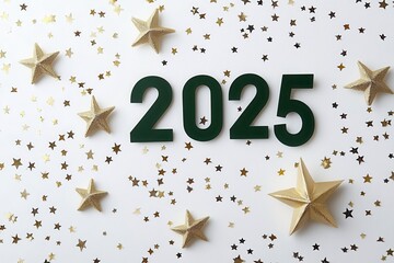 happy new year 2025 festive celebration gold stars white background glitter new years eve party deco