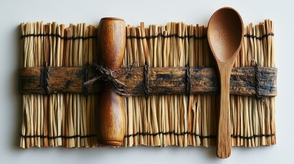 Wall Mural - A wooden spoon and a rolling pin on a woven mat, suggesting culinary preparation.