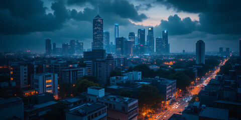 Poster - A nighttime cityscape showcasing a skyline with illuminated buildings and traffic lights, under a cloudy sky creating a dramatic atmosphere for urban photography.
