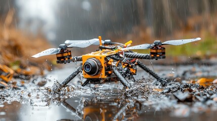 Aufkleber - Closeup of a homemade drone rigged with small explosives outdoor area technology showcase natural environment ground-level view drone innovation for security and surveillance