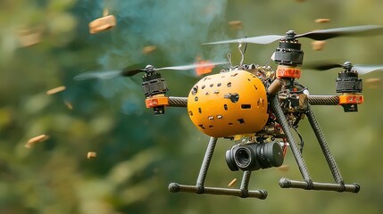 Poster - Closeup of explosive payload attached to diy drone outdoor field technical photography aerial environment detailed perspective modern warfare concept